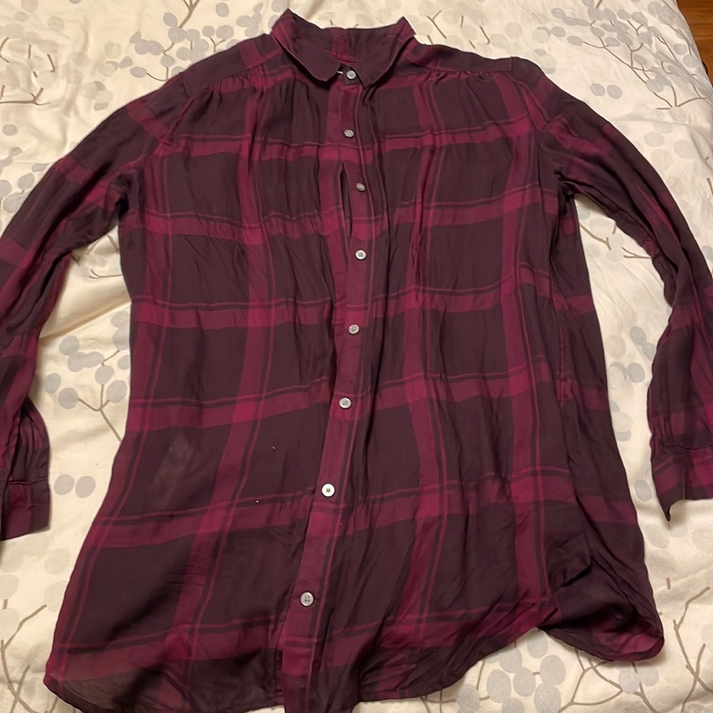 Loft medium purple light material button down plaid shirt. EUC.